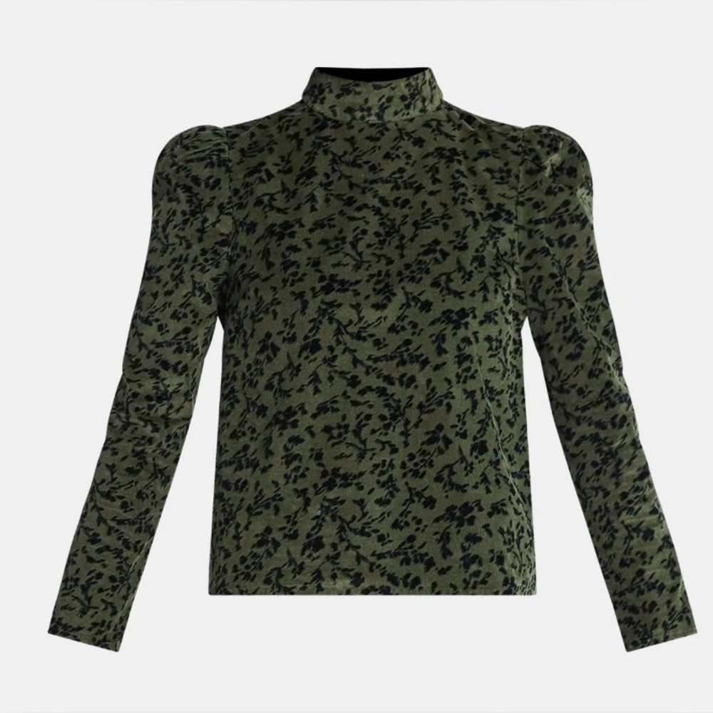 Olive Green Mock Neck Long Sleeve Top with Black Leaf Print